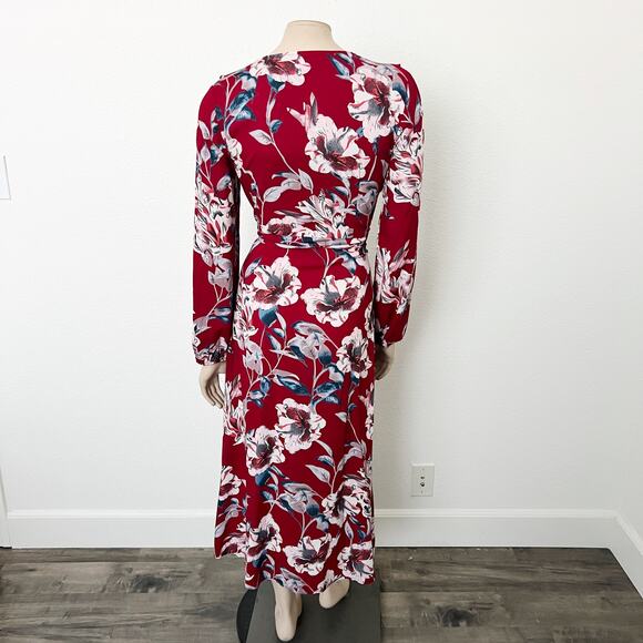 [ModCloth] Sunny Girl Red Floral Print Long Sleeve V-Neck Wrap Midi Dress Sz 10 - Picture 2 of 10